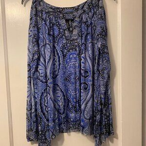 INC Tunic Sheer Blue Pasley Print L/S Keyhole Neck Cold Shoulder Tunic NWT OX
